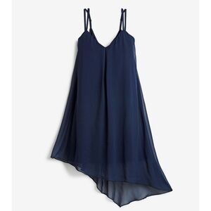White House Black Market Asymmetric Chiffon Midi Dress Navy Blue 8 Medium